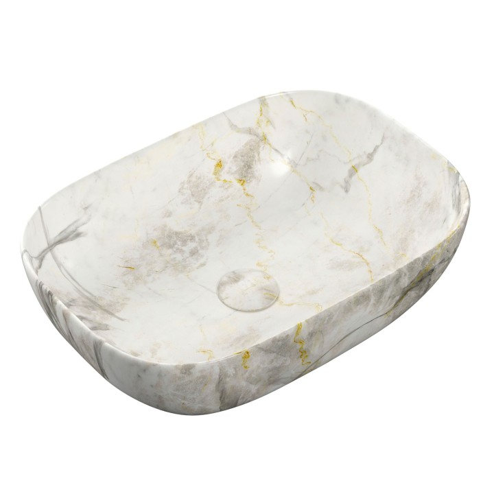 Aria 460mm (W) x 330mm (H) Ceramic Washbowl & Built In Waste - White Marble Effect