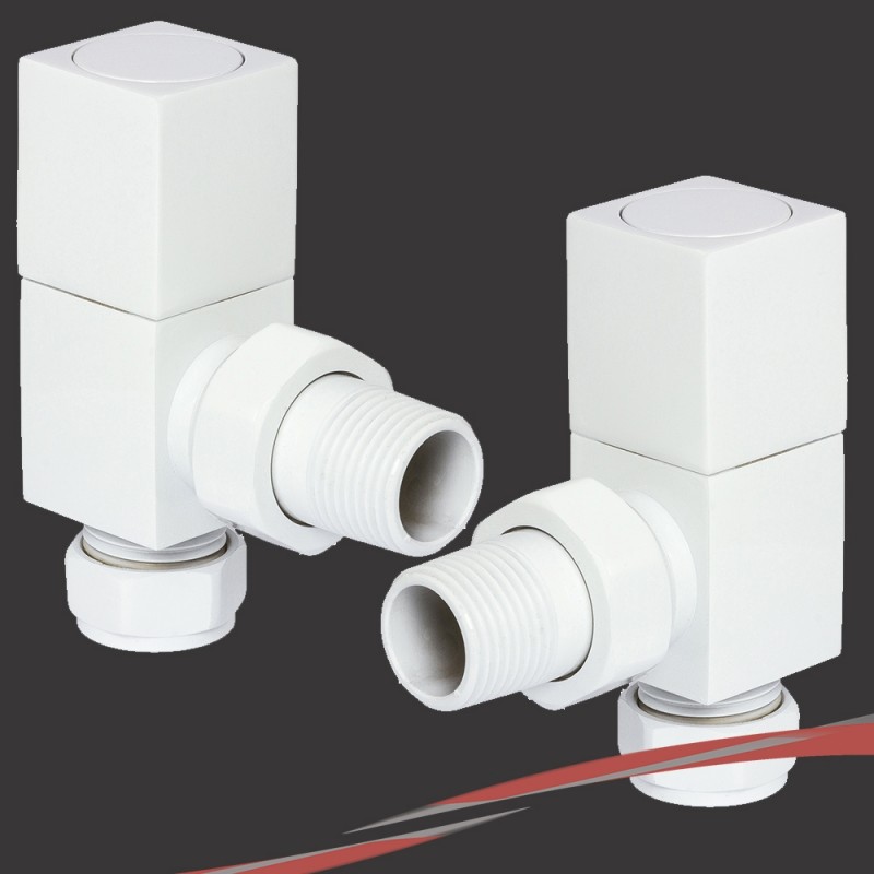 Angled White Radiator Valves Pair Set With 10mm Reducer For 15mm Connection