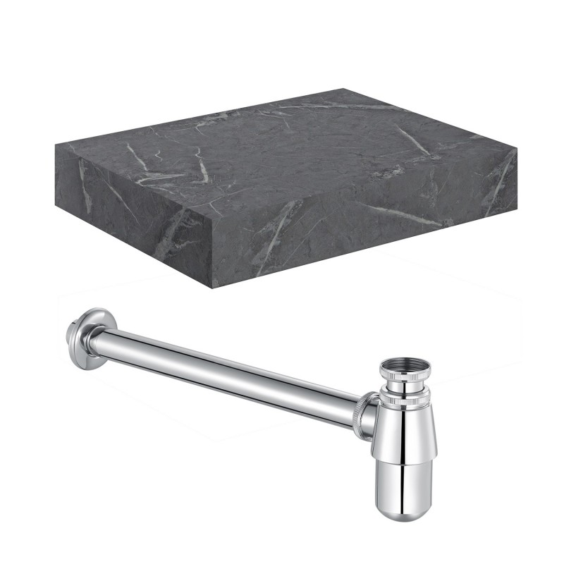 Kenzo 600mm (W) x 100mm (H) x 460mm (D) Wall Hung Grey Marble Basin Shelf & Chrome Bottle Trap
