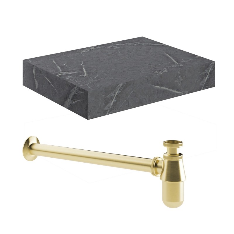 Kenzo 600mm (W) x 100mm (H) x 460mm (D) Wall Hung Grey Marble Basin Shelf & Brushed Brass Bottle Trap