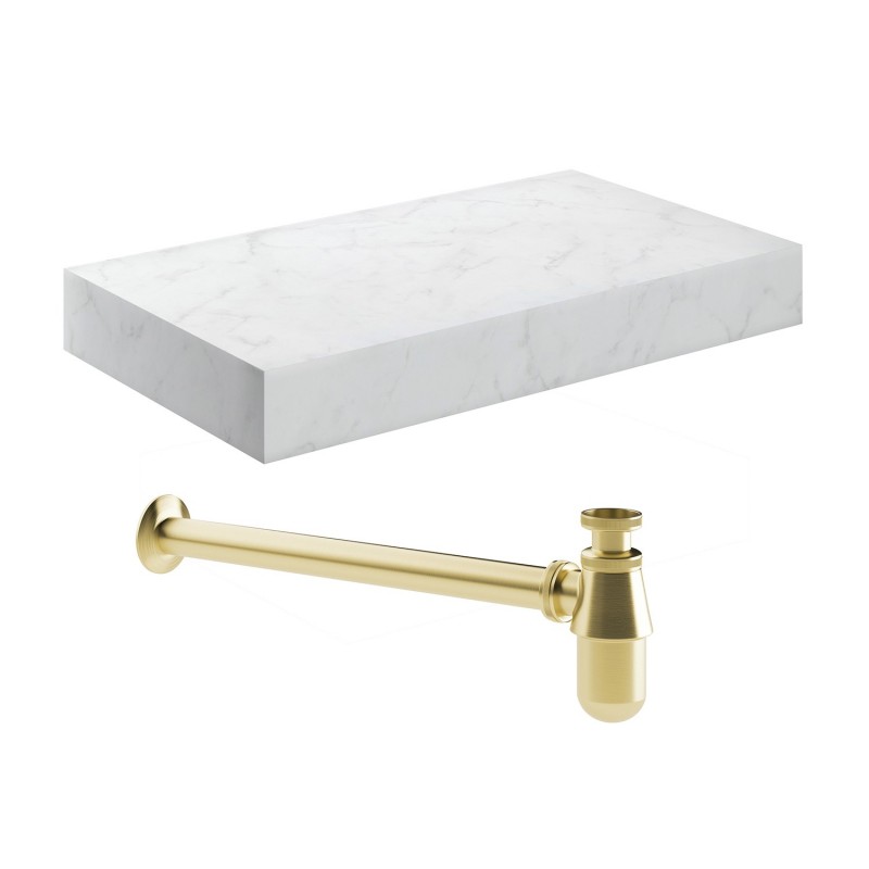 Kenzo 800mm (W) x 100mm (H) x 460mm (D) Wall Hung White Marble Basin Shelf & Brushed Brass Bottle Trap