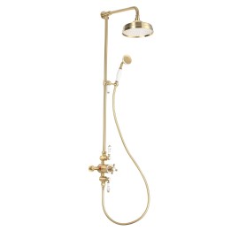 Edwardian Brass/White Triple Exposed Shower Column, Valve, Riser Kit, Hand Shower, Spout & Grand Shower Head (200mm)