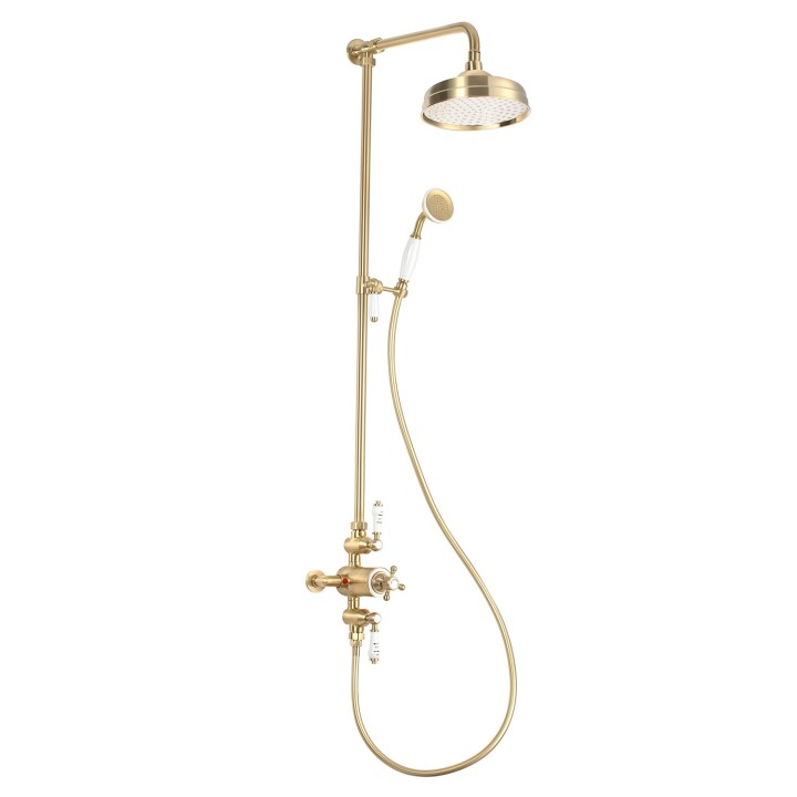 Edwardian Brass/White Triple Exposed Shower Column, Valve, Riser Kit, Hand Shower, Spout & Grand Shower Head (200mm)