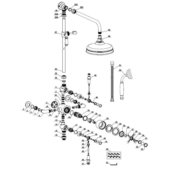 Edwardian Brass/White Triple Exposed Shower Column, Valve, Riser Kit, Hand Shower, Spout & Grand Shower Head (200mm)