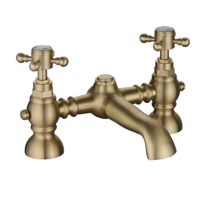 Shergar Brushed Brass Traditional Twin Lever Deck Mounted Bath Filler Tap