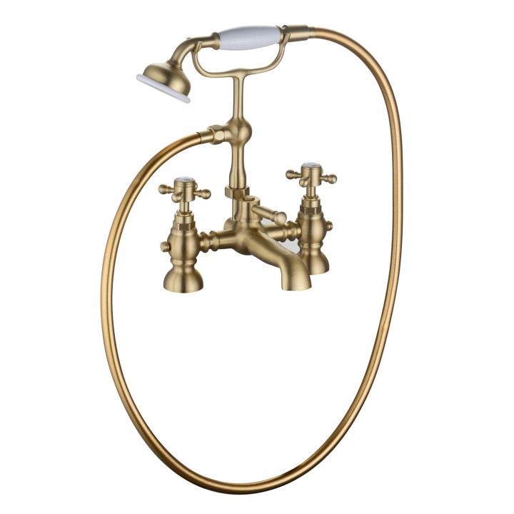 Shergar Twin Lever Traditional Brushed Brass Deck Mounted Bath/Shower Mixer with Hand Shower & Parking Bracket
