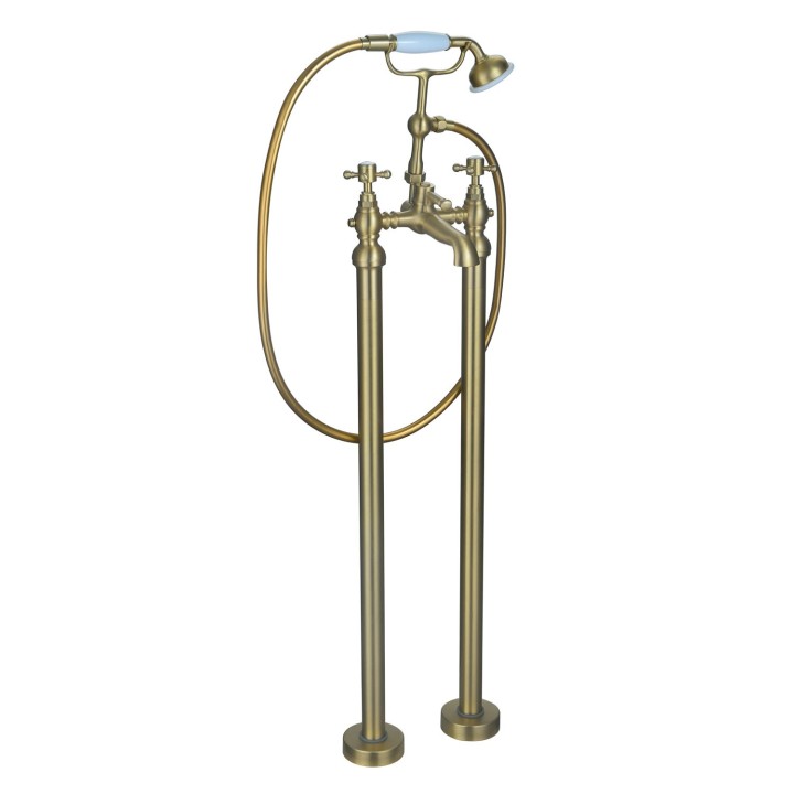 Shergar Brushed Brass Traditional Freestanding Twin Lever Bath/Shower Mixer & Hand Shower