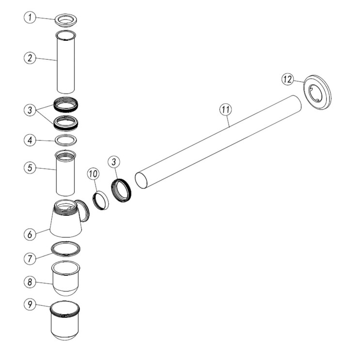 Matt Black Traditional Bottle Trap Including Extension & Flange - Technical Drawing