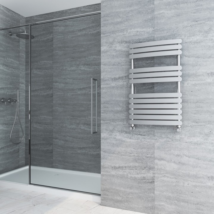 500mm (w) x 800mm (h) "Castell" Chrome Designer Towel Rail - Insitu