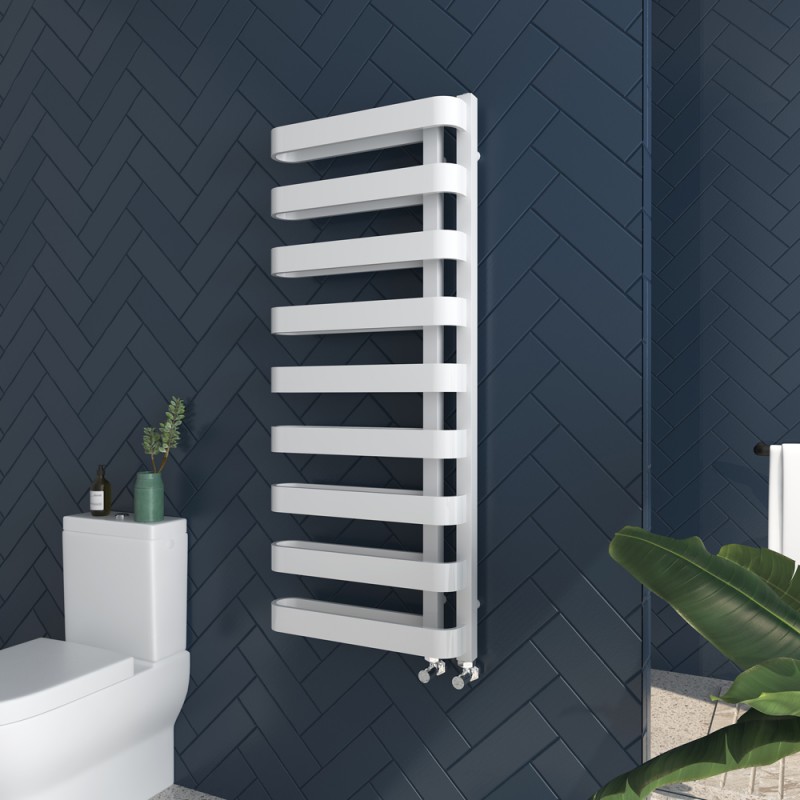 500mm(w) x 1300mm(h) "Barlo" White Designer Towel Rail (Left or Right Install)