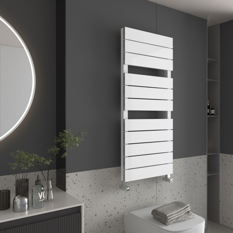 500mm (w) x 1200mm (h) "Flow" White Single Aluminium Towel Rail (13 Extrusions)