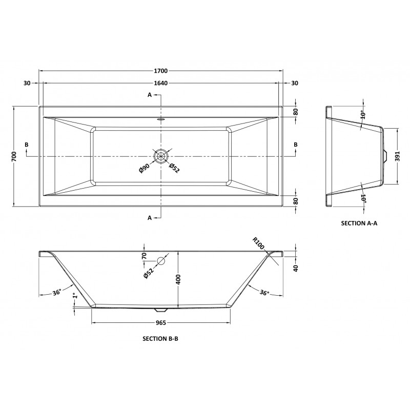 Asselby Square Double Ended Rectangular Bath 1700mm (L) x 700mm (W) - Eternalite Acrylic - Technical Drawing