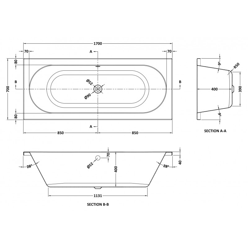 Otley Round Double Ended Rectangular Bath 1700mm (L) x 700mm (W) - Eternalite Acrylic - Technical Drawing