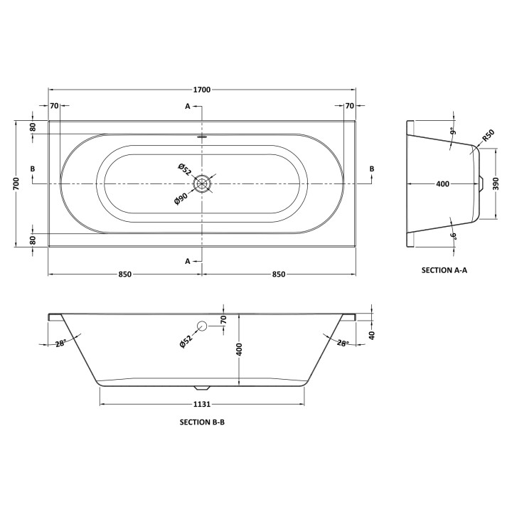 Otley Round Double Ended Rectangular Bath 1700mm (L) x 700mm (W) - Eternalite Acrylic - Technical Drawing
