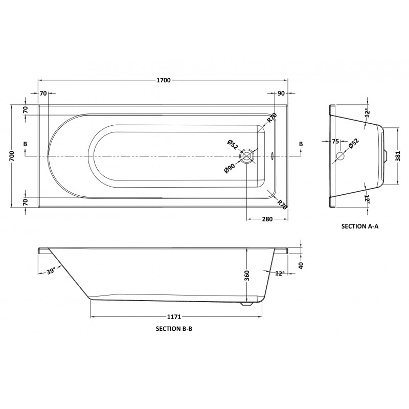 Barmby Round Single Ended Rectangular Bath 1700mm (L) x 700mm (W) - Eternalite Acrylic - Technical Drawing