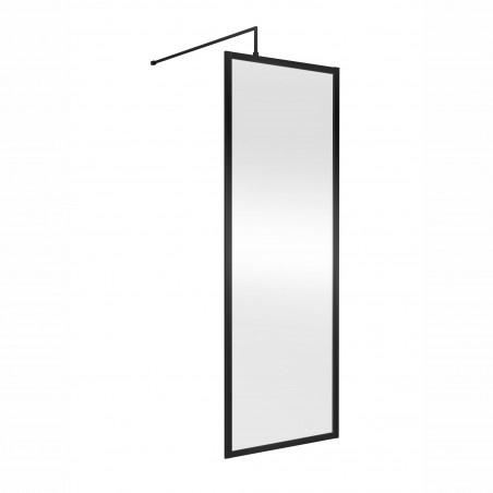 Full Outer Framed Wetroom Screen 700mm x 1850mm with Support Bar 8mm Glass - Satin Black