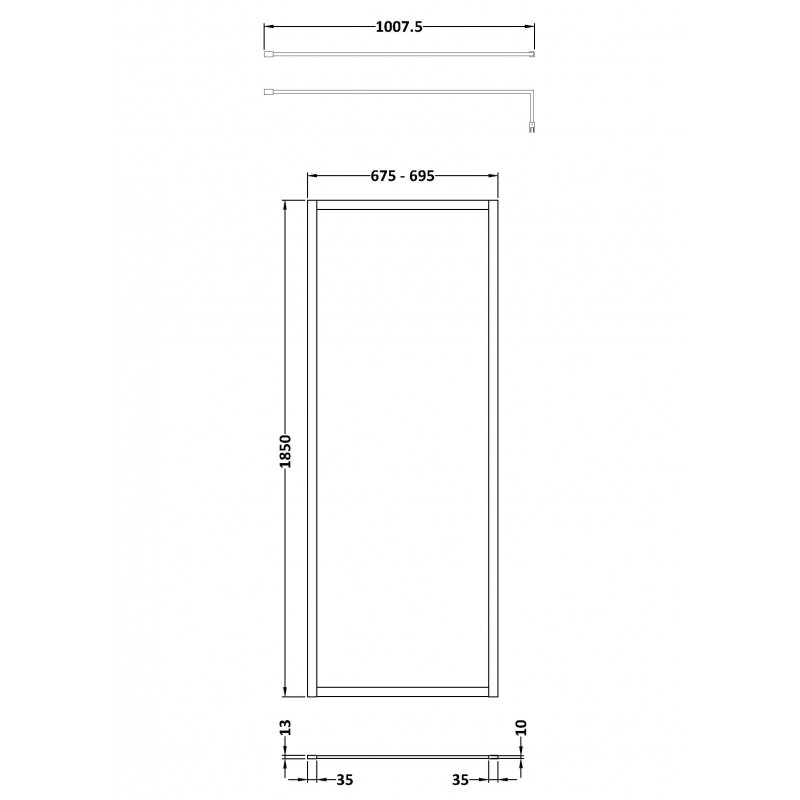 Full Outer Framed Wetroom Screen 700mm x 1850mm with Support Bar 8mm Glass - Satin Black - Technical Drawing