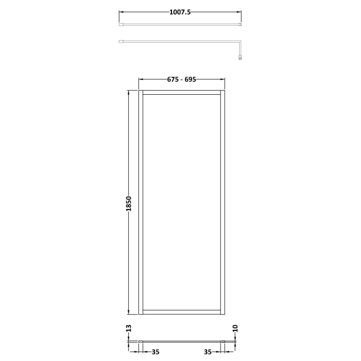 Full Outer Framed Wetroom Screen 700mm x 1850mm with Support Bar 8mm Glass - Satin Black - Technical Drawing