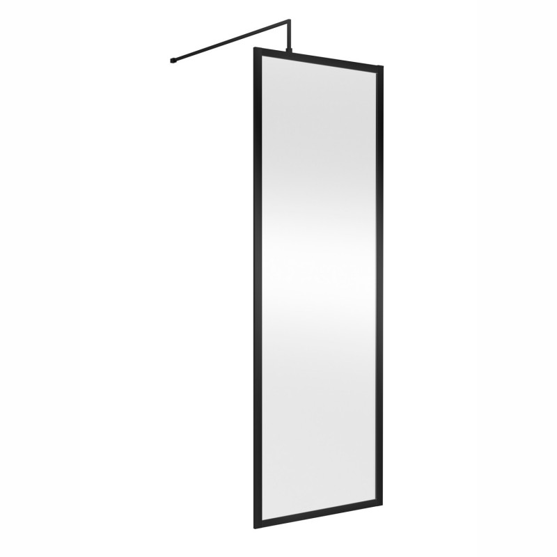 Full Outer Framed Wetroom Screen 700mm W x 1950mm H with Support Bar 8mm Glass - Matt Black