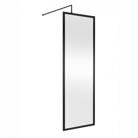 Full Outer Framed Wetroom Screen 700mm W x 1950mm H with Support Bar 8mm Glass - Matt Black