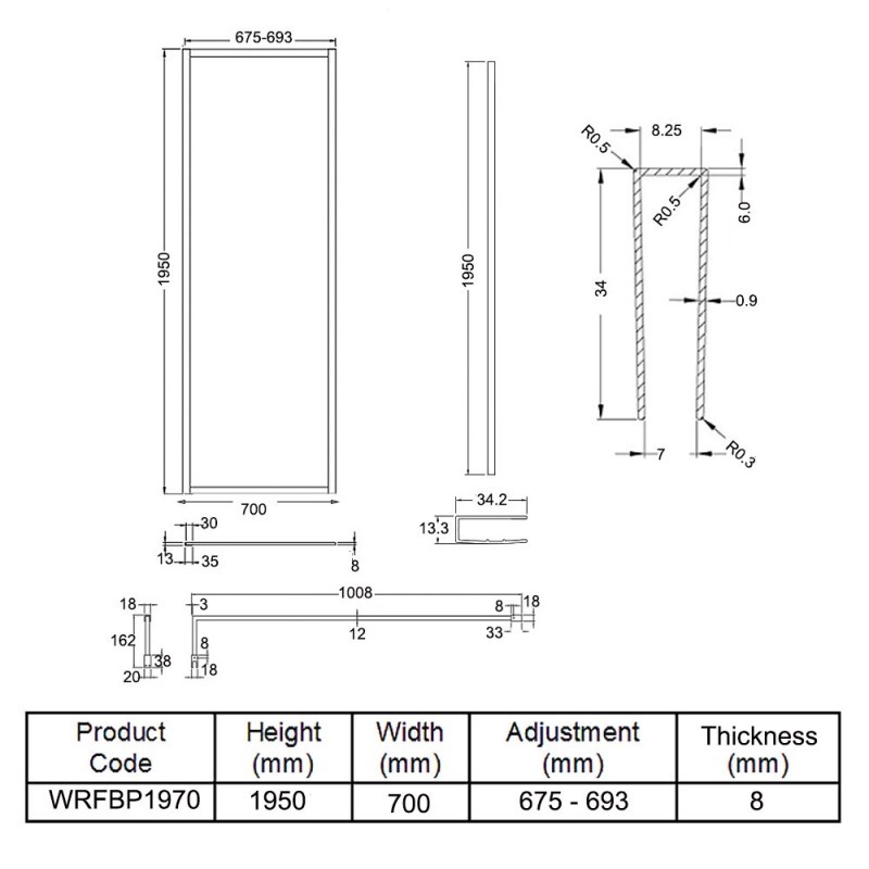 Full Outer Framed Wetroom Screen 700mm W x 1950mm H with Support Bar 8mm Glass - Matt Black - Technical Drawing