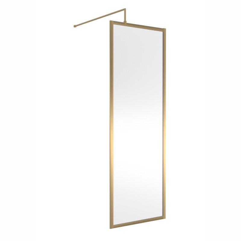 Full Outer Framed Wetroom Screen 700mm W x 1950mm H with Support Bar 8mm Glass - Brushed Brass