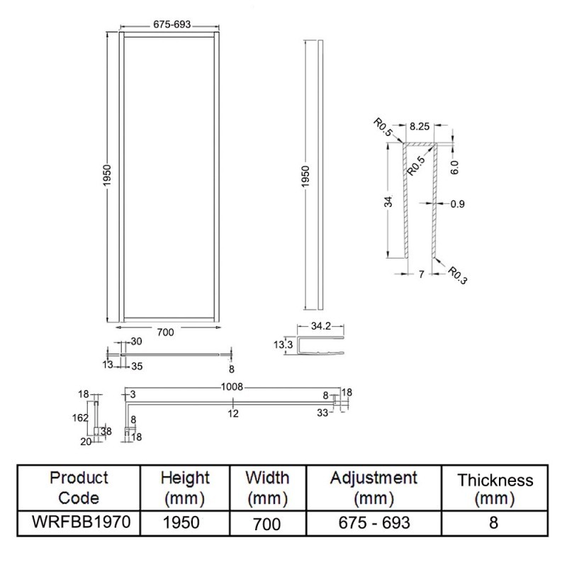 Full Outer Framed Wetroom Screen 700mm W x 1950mm H with Support Bar 8mm Glass - Brushed Brass - Technical Drawing