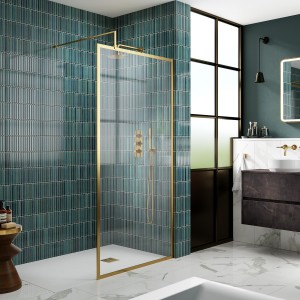 Full Outer Framed Wetroom Screens with Support Bar - 8mm Glass - Brushed Brass