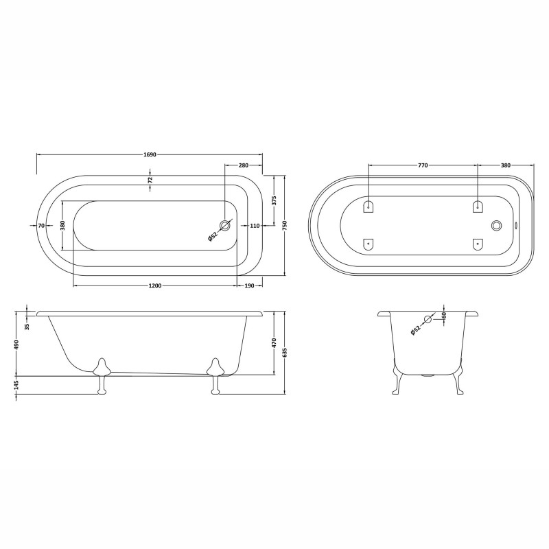 Barnsbury Freestanding Traditional Bath - 1700mm (L) x 750mm (W) x 650mm (D) - Deacon Leg Set - Technical Drawing