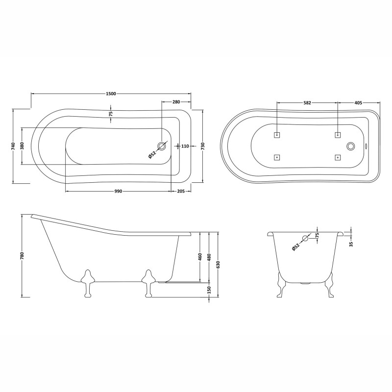 Brockley Freestanding Traditional Bath - 1500mm (L) x 730mm (W) x 770mm (D) - Deacon Leg Set - Technical Drawing