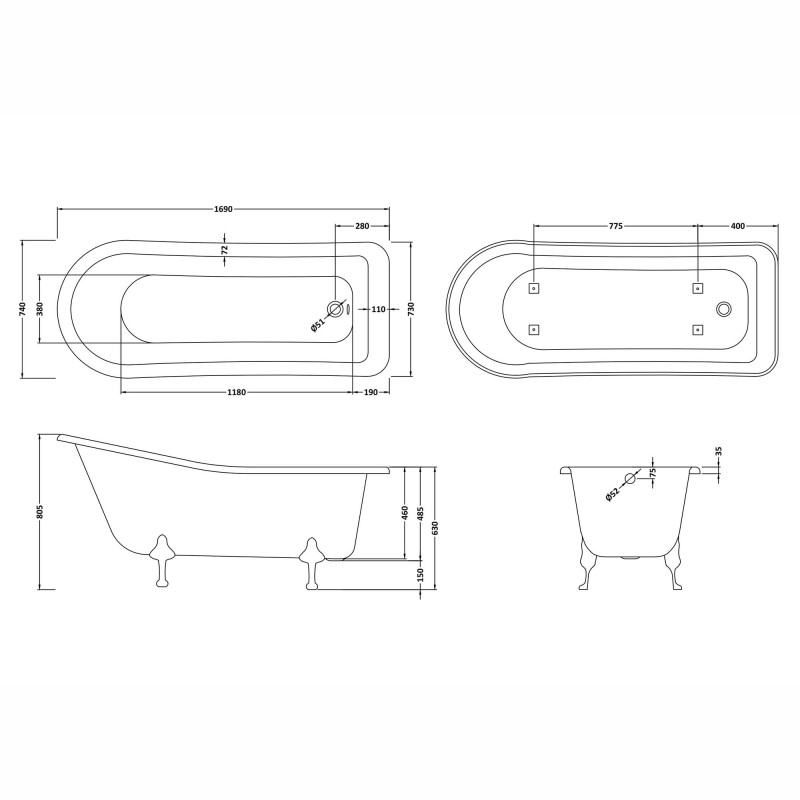 Brockley Freestanding Traditional Bath - 1700mm (L) x 730mm (W) x 770mm (D) - Deacon Leg Set - Technical Drawing