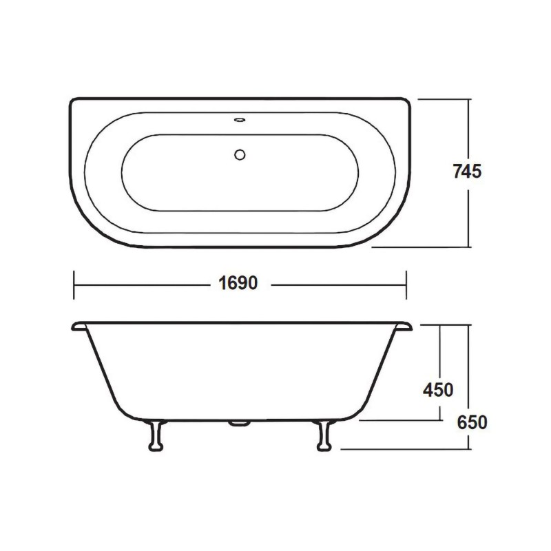 Brockley Freestanding Traditional Bath - 1700mm (L) x 745mm (W) x 650mm (D) - Corbel Leg Set - Technical Drawing