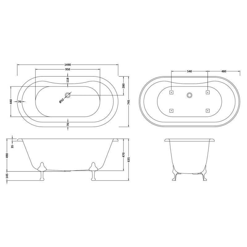 Kingsbury Freestanding Traditional Bath - 1500mm (L) x 745mm (W) x 650mm (D) - Corbel Leg Set - Technical Drawing