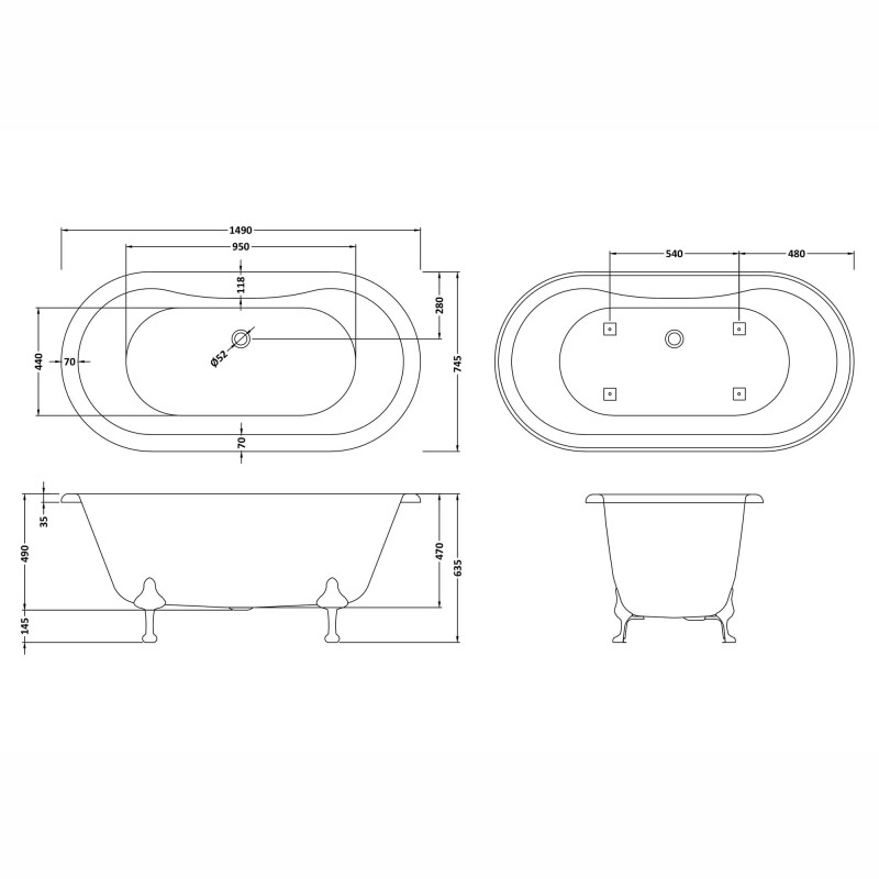 Kingsbury Freestanding Traditional Bath - 1500mm (L) x 745mm (W) x 650mm (D) - Deacon Leg Set - Technical Drawing