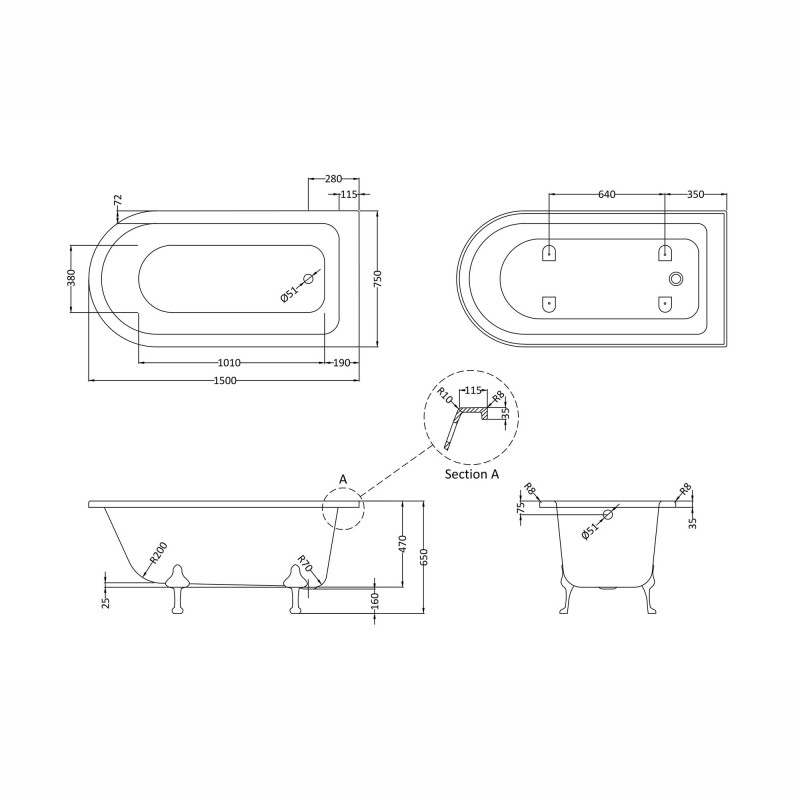 Kingsbury Freestanding Traditional Bath - 1500mm (L) x 750mm (W) x 470mm (D) - Corbel Leg Set - Technical Drawing