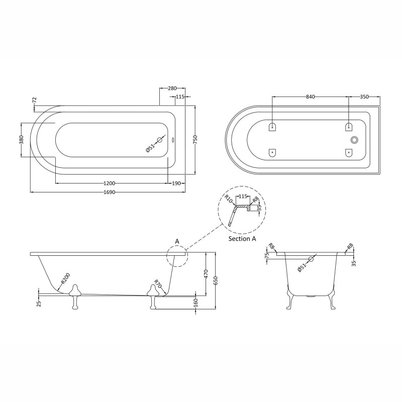 Kingsbury Freestanding Traditional Bath - 1700mm (L) x 750mm (W) x 470mm (D) - Corbel Leg Set - Technical Drawing