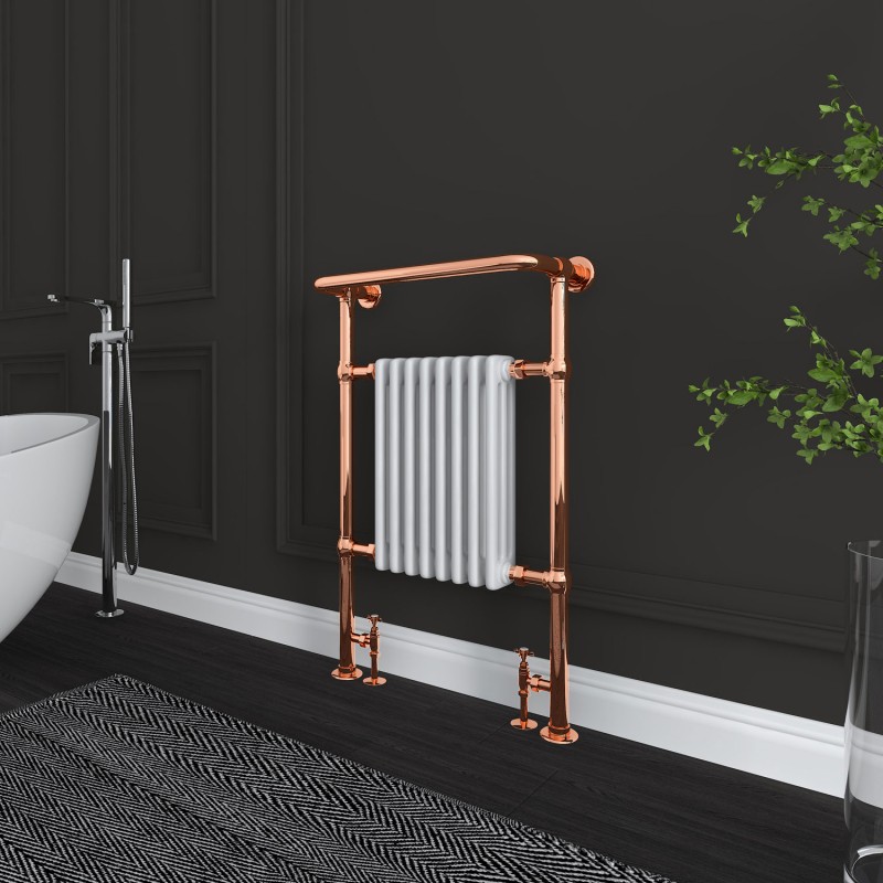 673mm (w) x 963mm (h) "Old Colwyn" Copper & White Traditional Floor Standing Towel Rail Radiator - Insitu