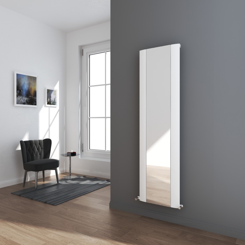 470mm (w) x 1700mm (h) "Cariad" Single Panel White Vertical Aluminium Mirror Radiator