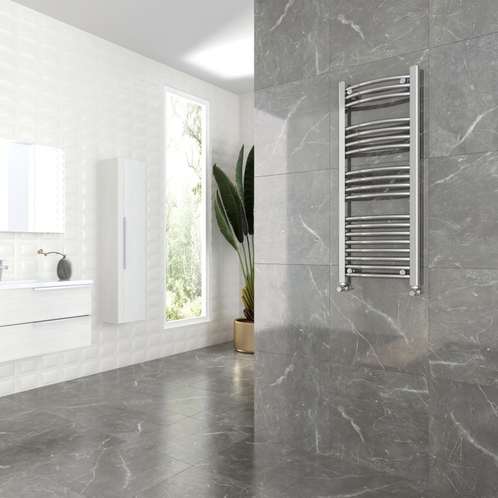 400mm (w)  x 1000mm (h) Curved Chrome Towel Rail - Insitu