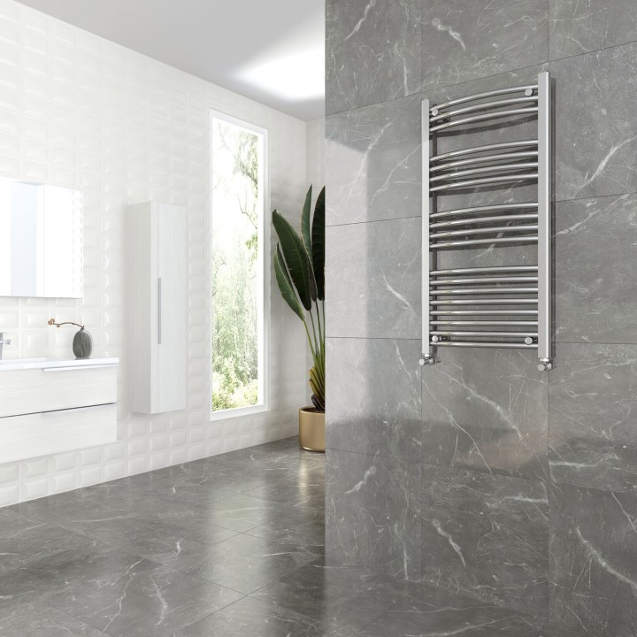 500mm (w)  x 1000mm (h) Curved Chrome Towel Rail - Insitu