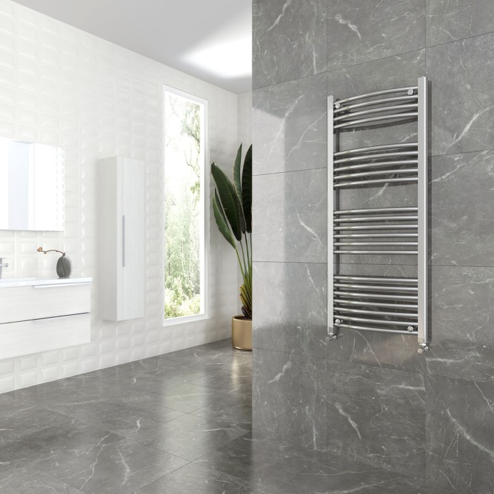 500mm (w) x 1200mm (h) Curved Chrome Towel Rail - Insitu