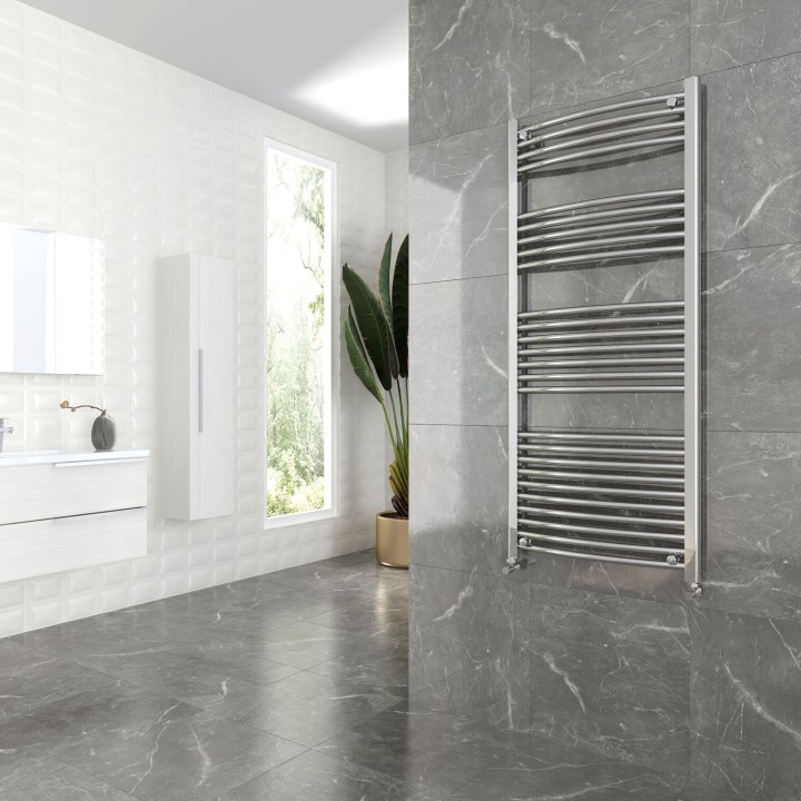 600mm (w)  x 1400mm (h) Curved Chrome Towel Rail - Insitu