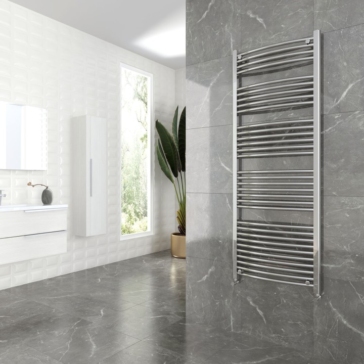 600mm (w)  x 1600mm (h) Curved Chrome Towel Rail - Insitu