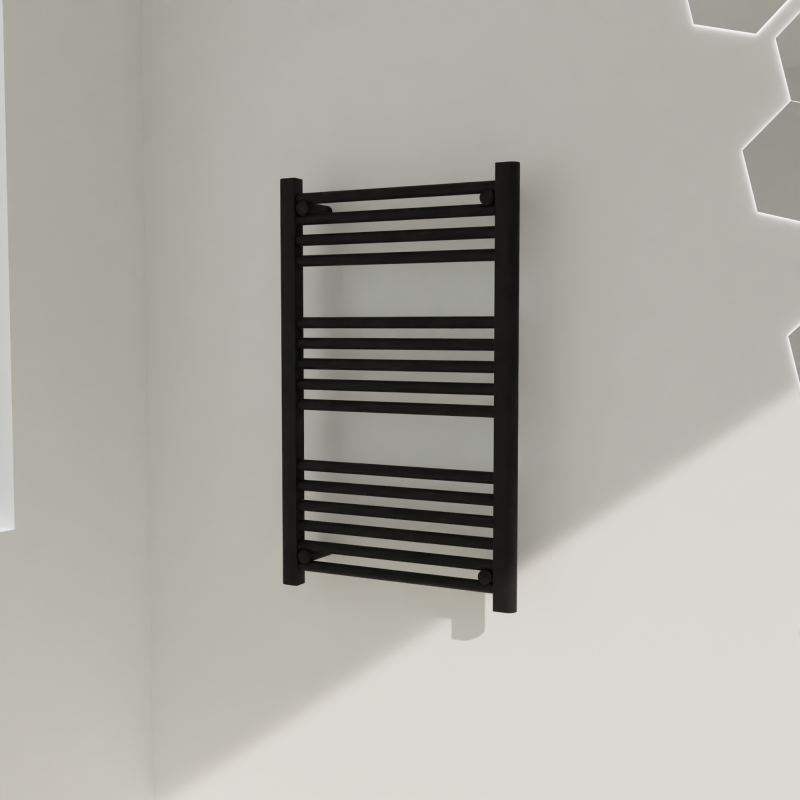 500mm (w) x 800mm (h) "Straight Black" Designer Towel Rail - Insitu