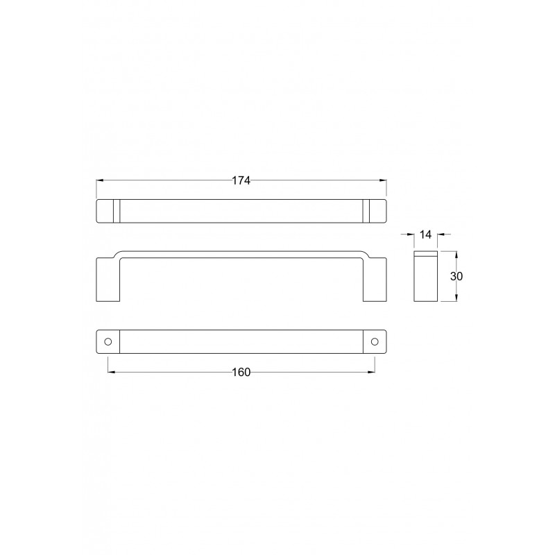 Art Deco Chrome Handle 160mm Centres - Chrome - Technical Drawing