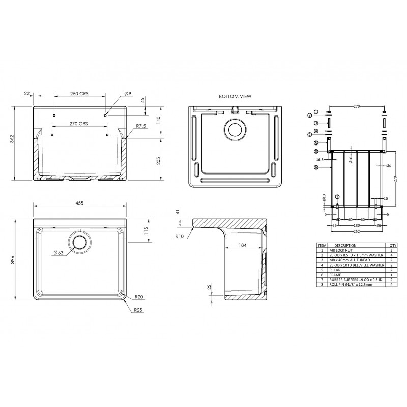 Fireclay Cleaner Sink with Grid 455mm x 362mm x 396mm - Technical Drawing