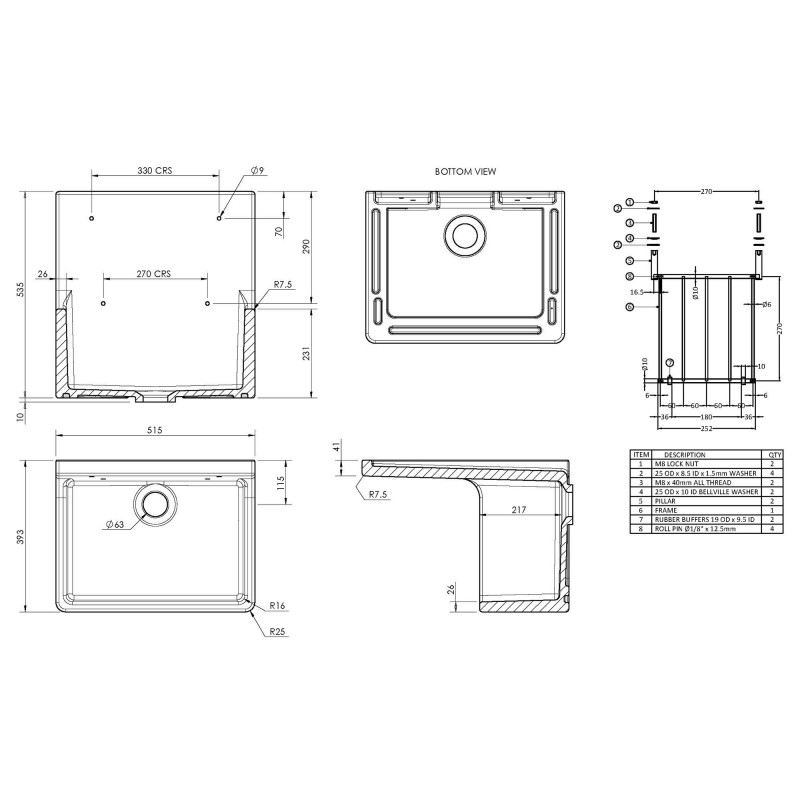 Fireclay Cleaner Sink with Grid 515mm x 535mm x 393mm - Technical