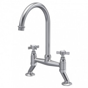 Traditional 2 Tap Hole Bridge Mixer Tap with Crosshead Handles - Brushed Nickel