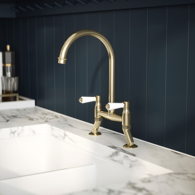 Traditional 2 Tap Hole Bridge Mixer Tap with Lever Handles - Brushed Brass - Insitu