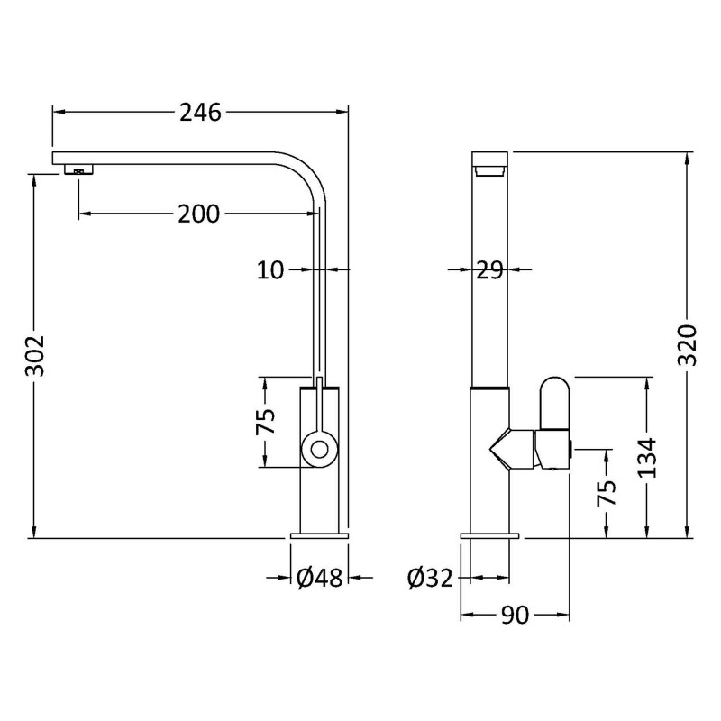 Churni Mono Basin Single Lever Square Basin Tap - Chrome - Technical Drawing